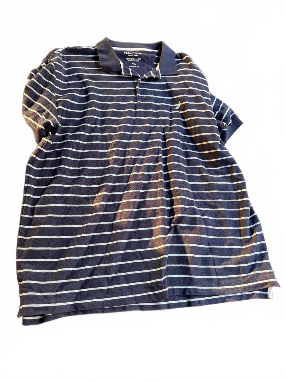 Nautica Men's Navy and White Striped Classic Fit Performance Polo Shirt XXL